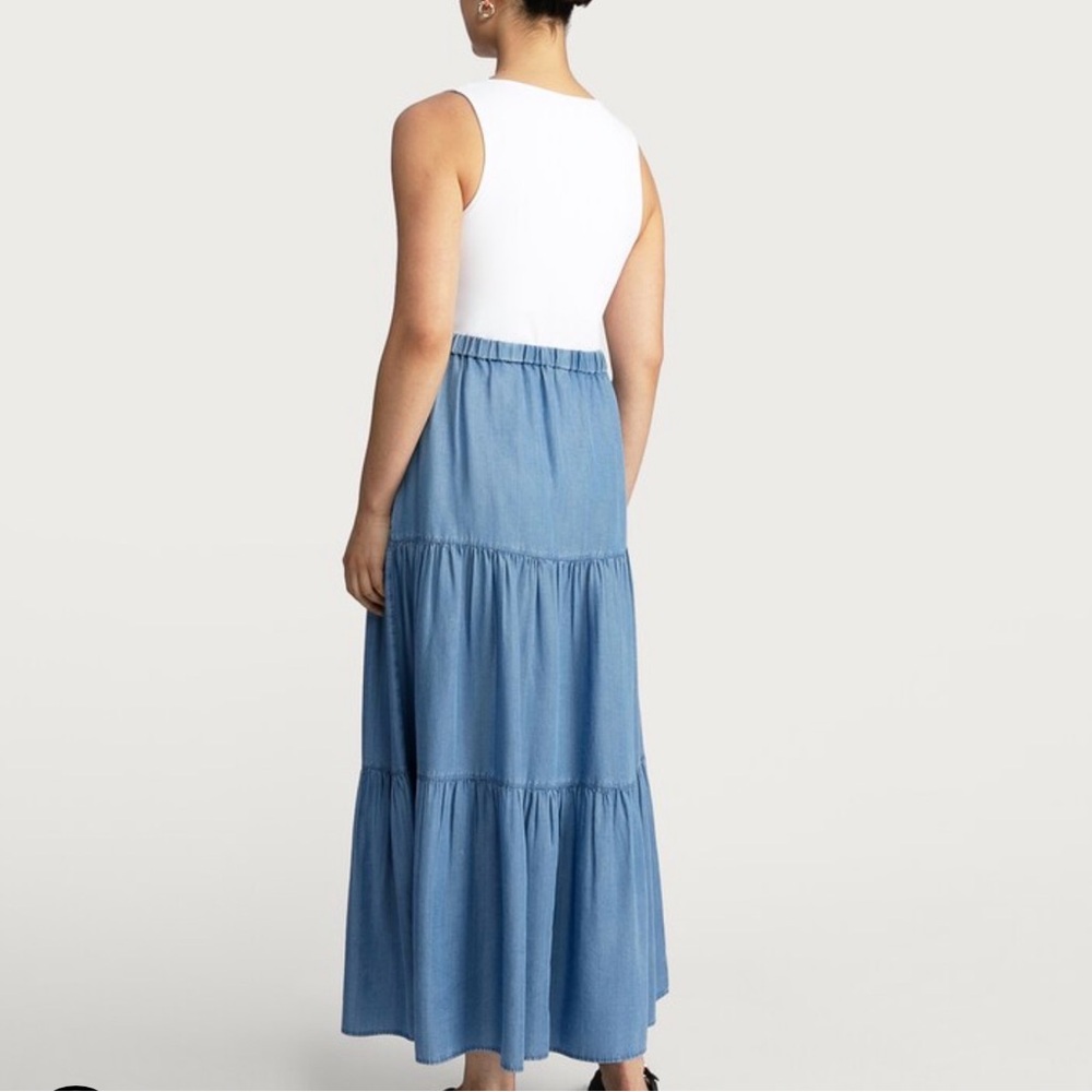 Tiered Chambray Medium Blue Midi Skirt - Picture 13 of 16
